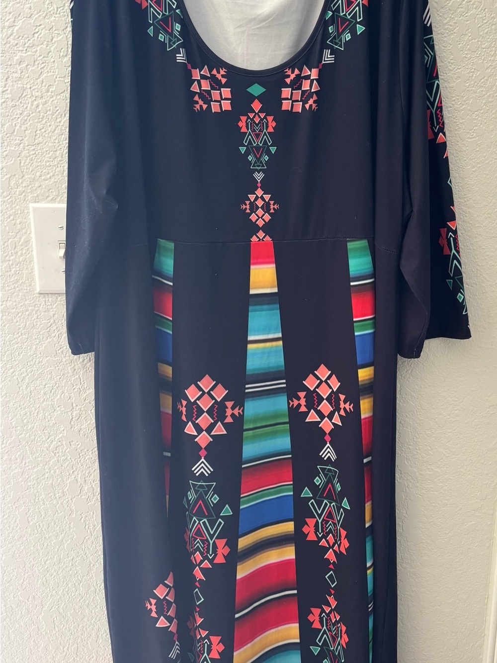 Black Maxi Dress with Multicolor Aztec Stripe Panels, Fairy Festival, Boho, 4X